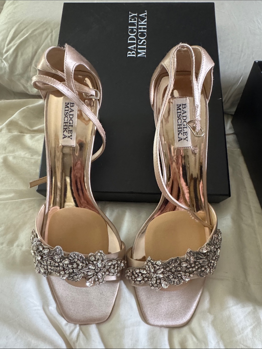 Badgley Mischka Rose Gold Crystal Floral Strap Heels